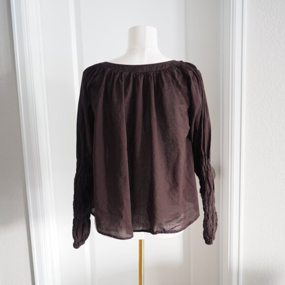 Aerie Peasant Blouse Coffee Brown Button-Up Ruched Sleeves Shirt Sz Large - Picture 6 of 10